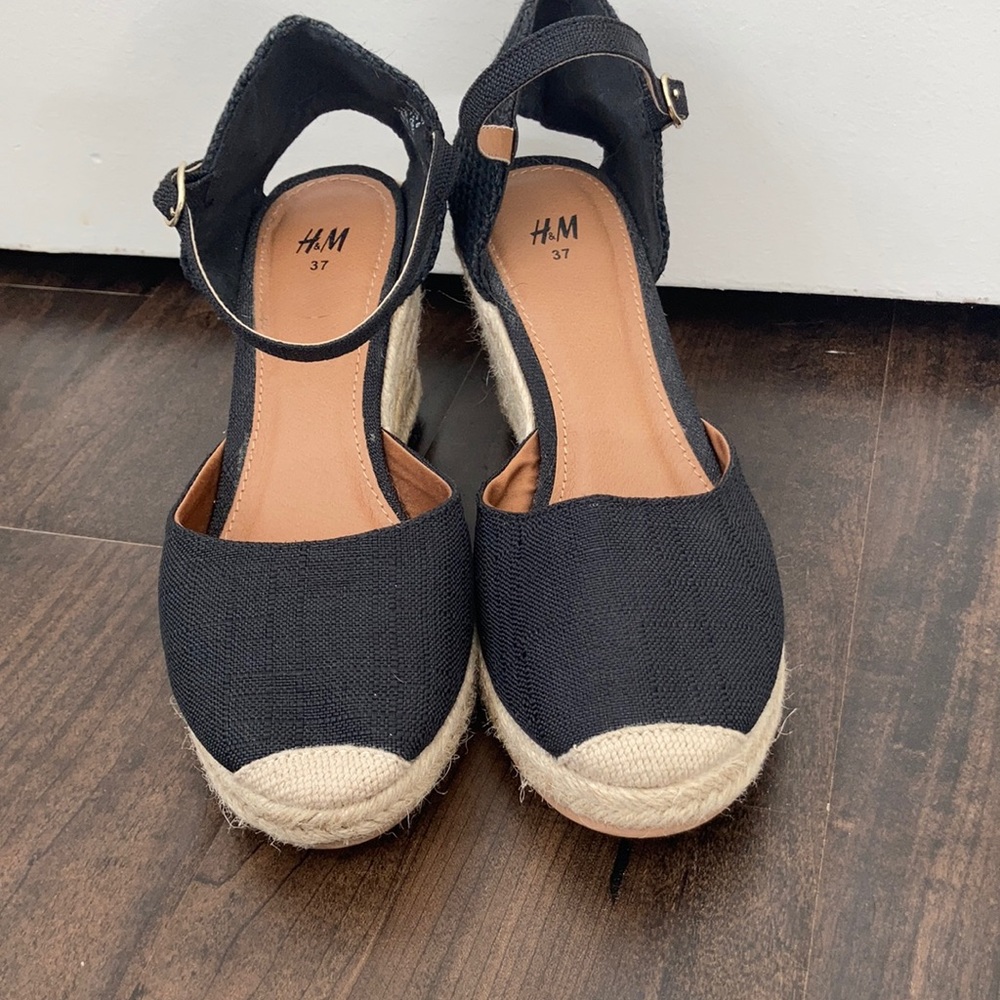 H&M Black Canvas Espadrille Wedge Sandals with Natural Rope Trim